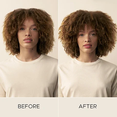 Image 5-christopherobin-en_CA - A split image shows a woman with curly brown hair and a cream t-shirt, on the left before with lighter skin and less defined hair, and on the right after with darker skin and more voluminous, defined hair, with text labels BEFORE and AFTER.