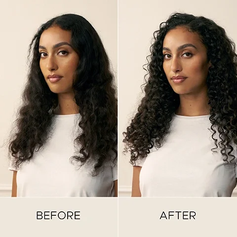 Image 5-christopherobin-en_CA - A split image shows a woman with dark, less defined wavy hair on the left, labeled BEFORE, and the same woman with dark, well-defined curls on the right, labeled AFTER.