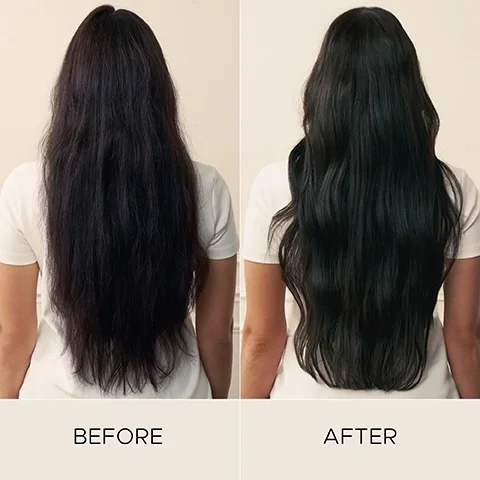 Image 7-christopherobin-en_CA - A split image showing a persons long dark hair from the back, appearing frizzy and straight on the left side, and smooth with soft waves on the right, labeled Before and After.