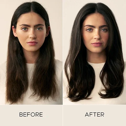 Image 5-christopherobin-en_CA - A before and after image displays a woman with dark hair, showing her straight, dull hair on the left labeled BEFORE, and her voluminous, wavy, and shiny hair on the right labeled AFTER.